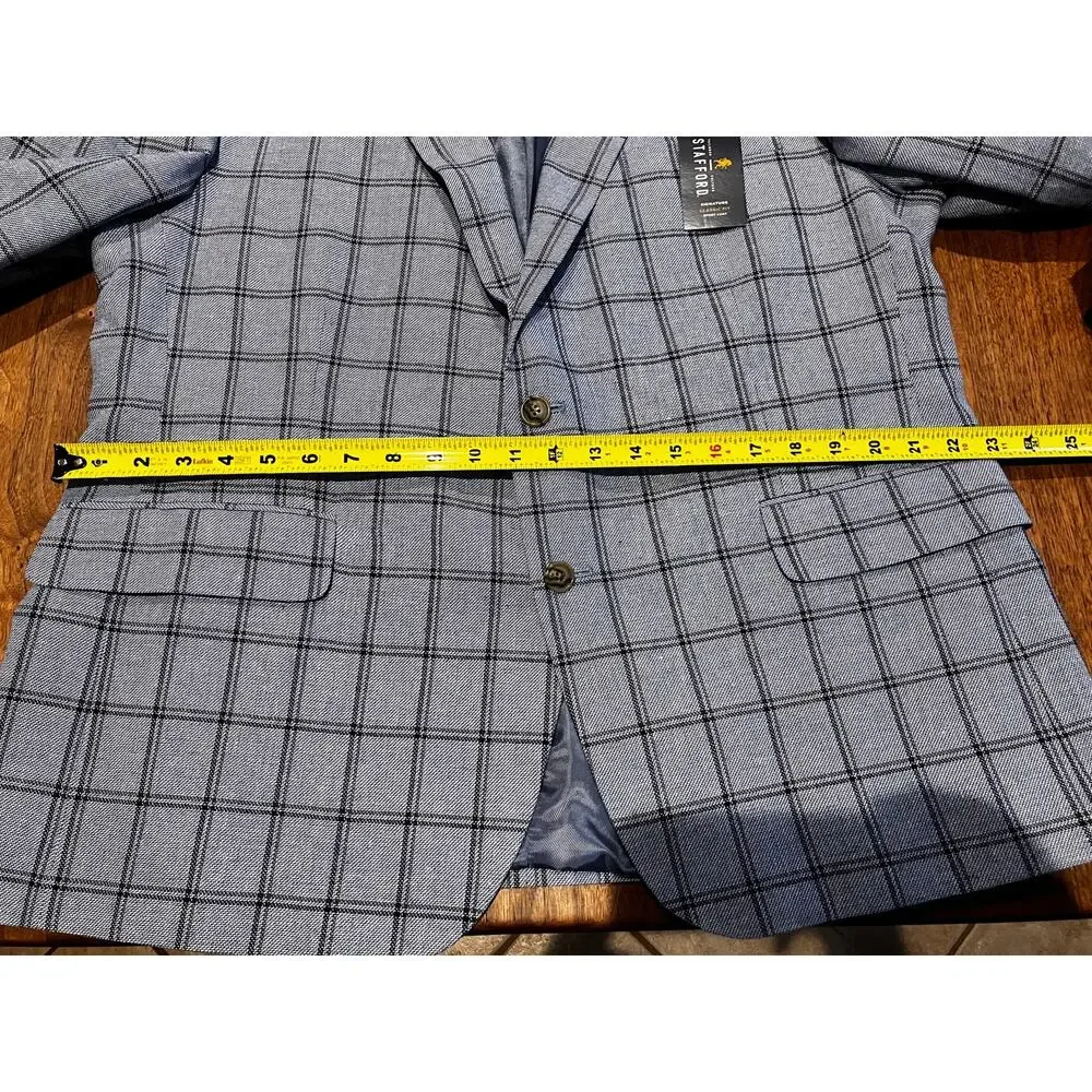Stafford Signature Mens Sport Coat 46 Short Blue Windowpane Linen Blend NWT‎